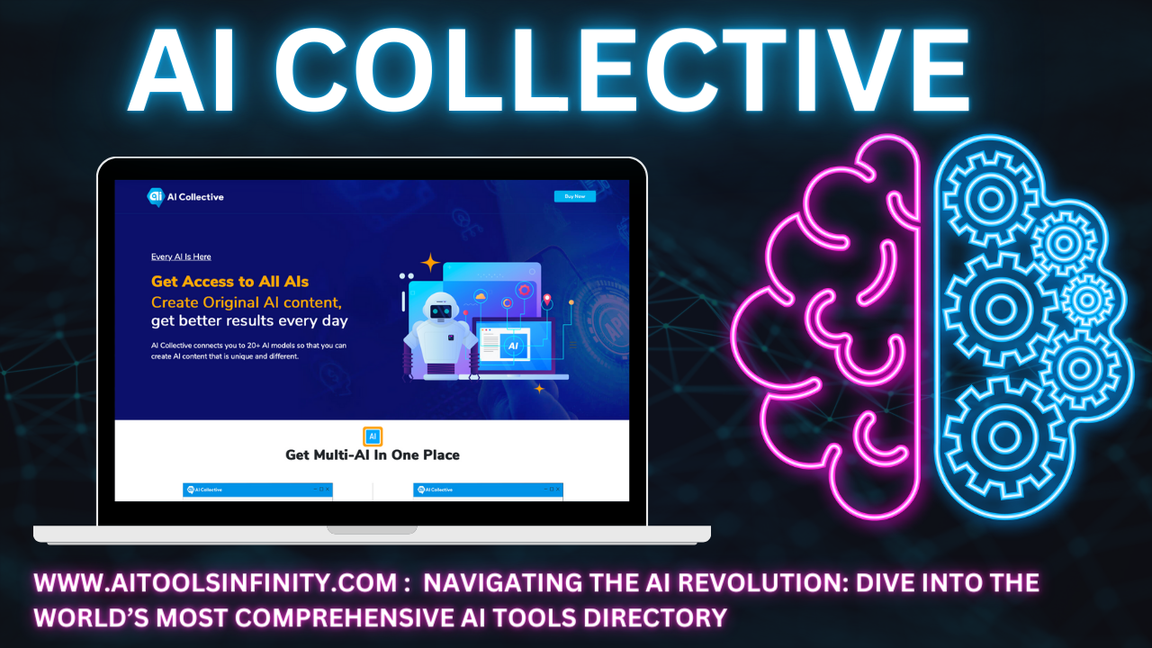 Graphic depicting the AI Collective platform, highlighting its vast library of over 20 AI models designed for varied content creation purposes.