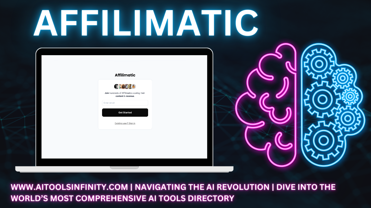 Graphic illustration of Affilimatic logo and AI symbols. Text: 'Boost affiliate marketing with Affilimatic's AI-driven tool. Create SEO-optimized content in seconds. Increase revenue and online presence. Experience the power of Affilimatic.