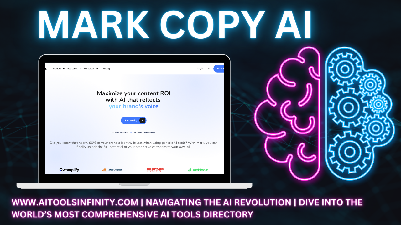 "An image promoting Mark Copy AI, a cutting-edge copywriting tool for digital marketing. The image showcases its intuitive interface and emphasizes its ability to save time by utilizing AI technology. It mentions optimizing SEO, fostering collaboration, and heralds a revolutionized approach to copywriting."