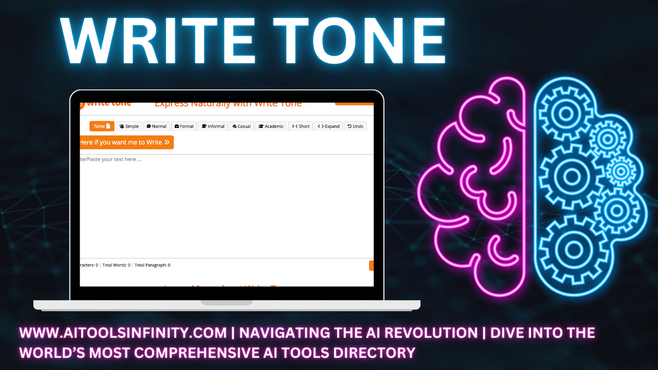 "An image introducing Write Tone, a communication tool. The image features the product logo and emphasizes its ability to help users master 7 different writing tones, maintain their unique voice, and communicate authentically with their audience. Write Tone is presented as a versatile, time-saving tool for writers focused on effective communication."