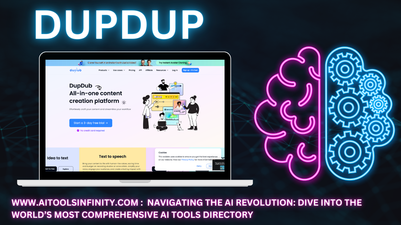 Screenshot of DupDub’s AI content creation platform showing tools for generating, rewriting, translating content, adding voiceovers, and managing content calendars.