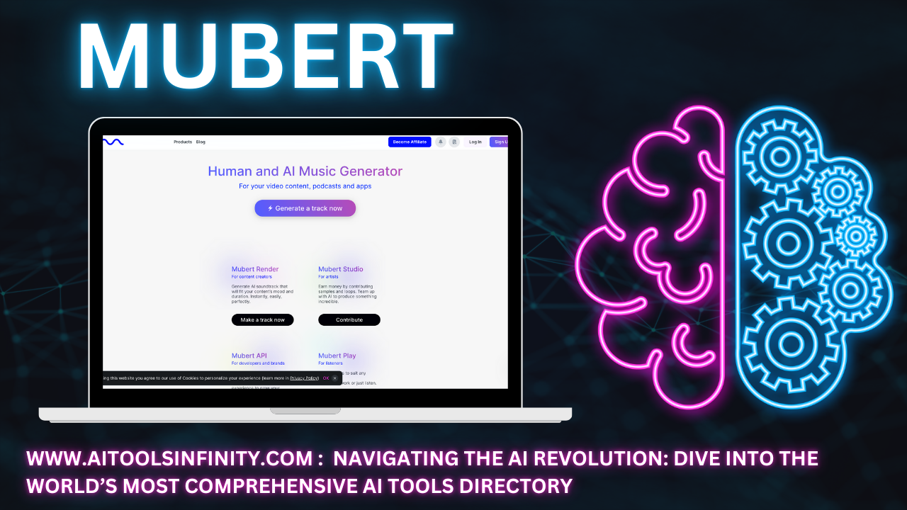 Mubert platform interface, offering AI-generated royalty-free music with customizable features, providing creators and businesses with original soundtracks for projects.