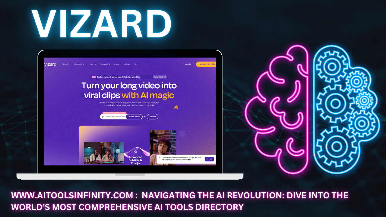 Vizard’s AI tool interface for transforming long videos into short clips, with features like captioning, auto-reframing, and social media scheduling.